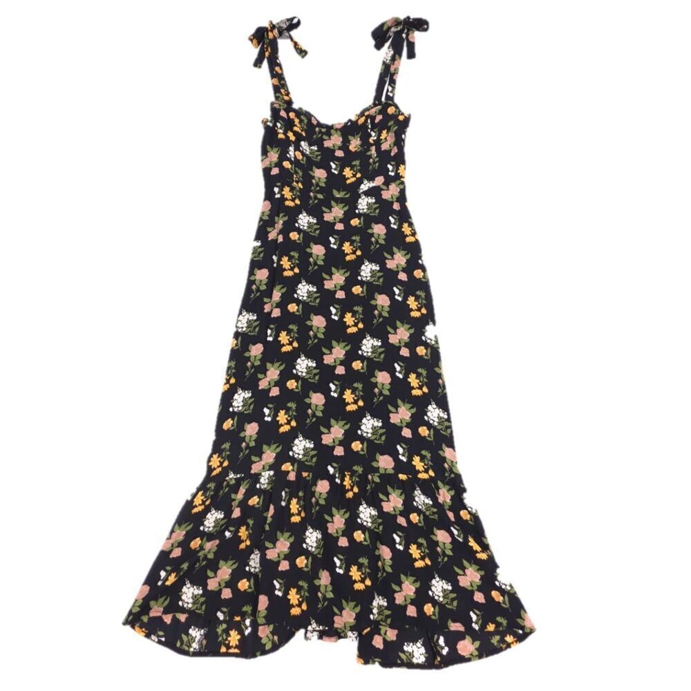 Reformation Black Floral Midi Dress with Pink & Yellow Blossoms